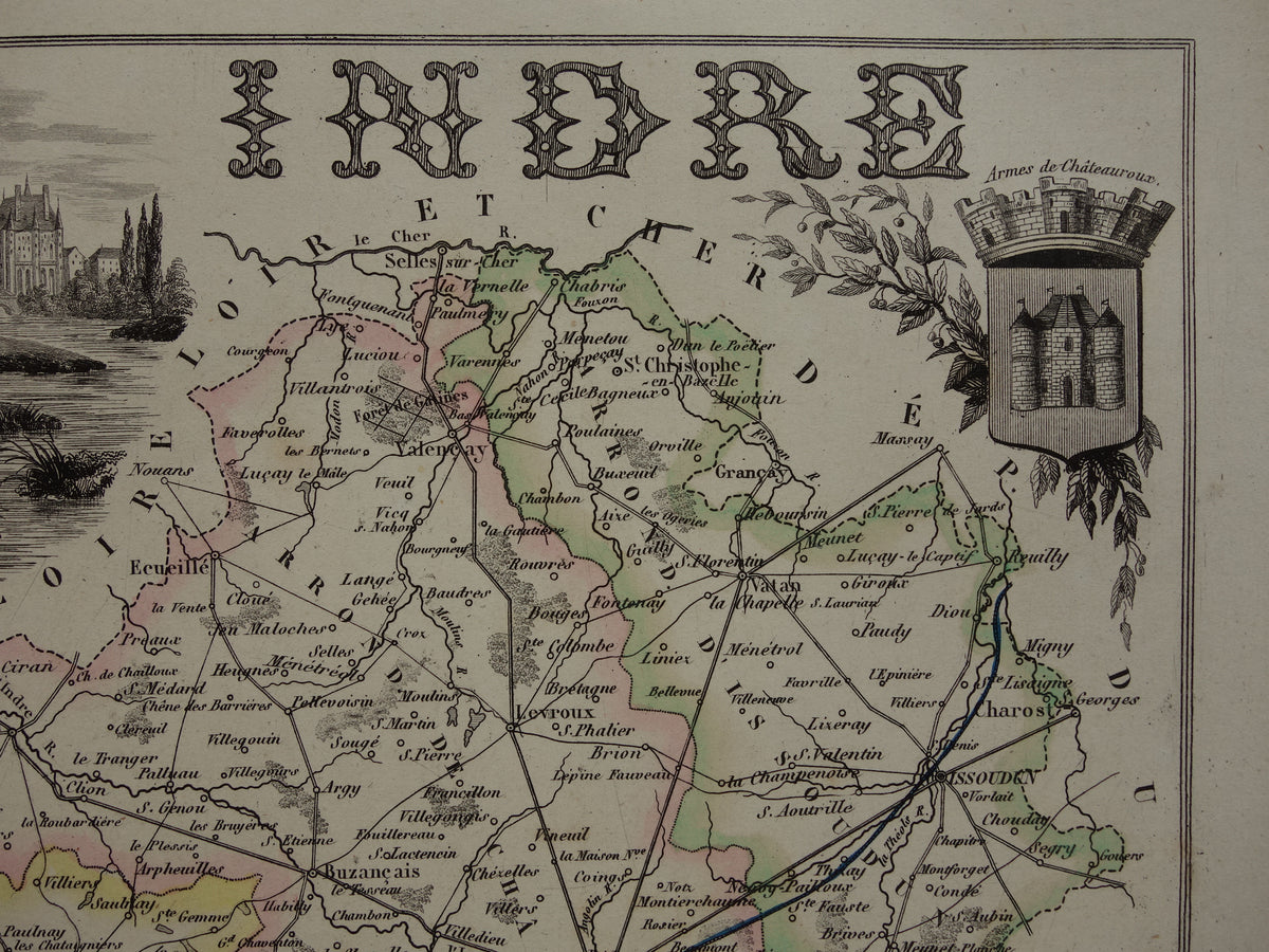Old map of Indre department in France from 1856 original antique hand-colored map