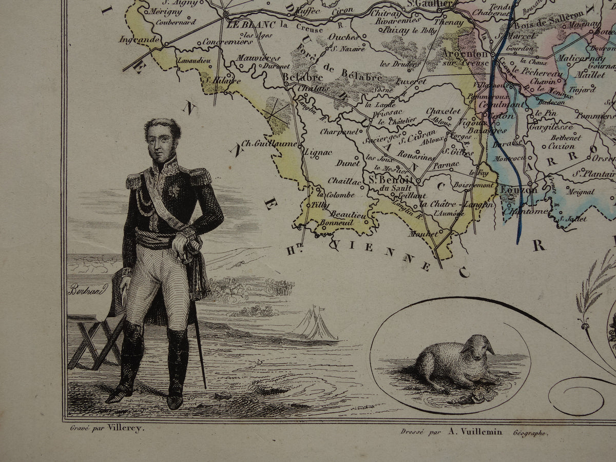 Old map of Indre department in France from 1856 original antique hand-colored map