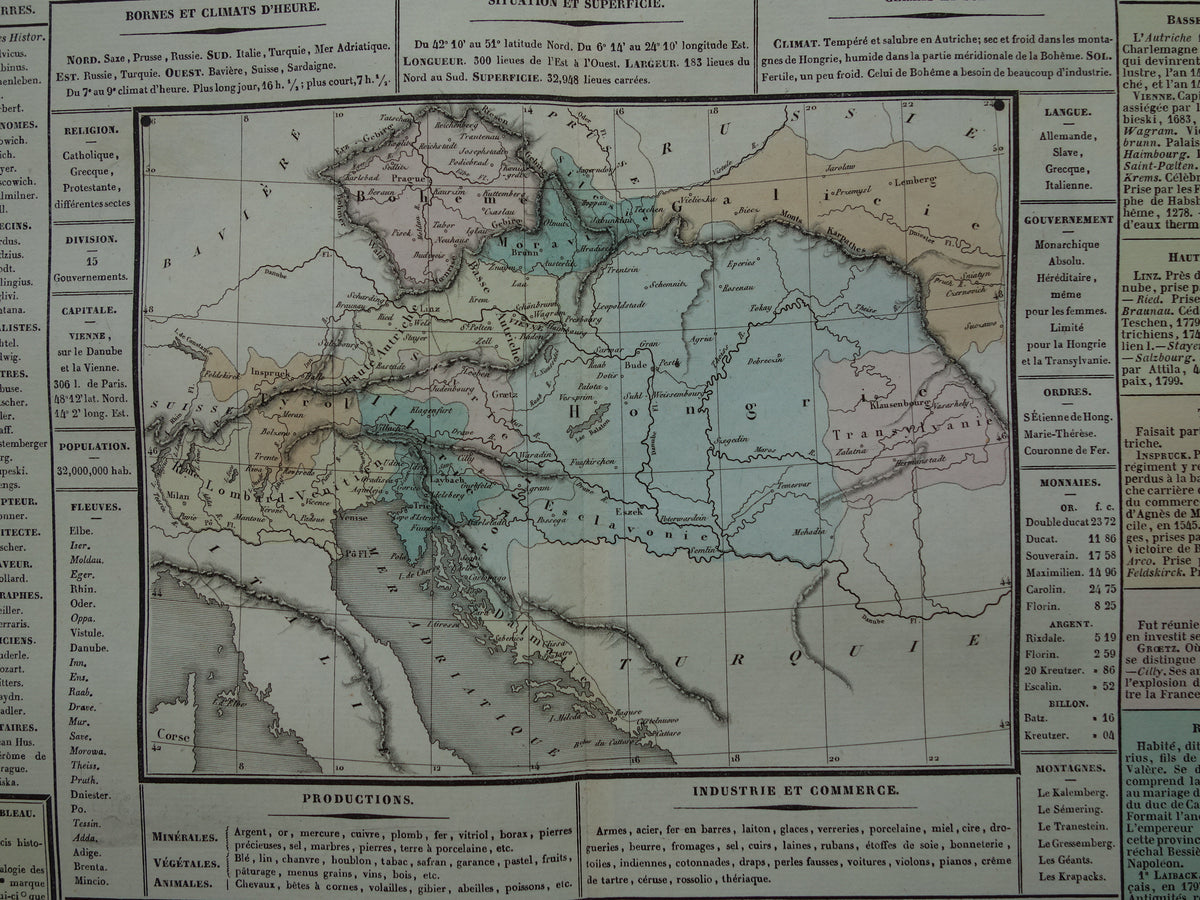 Holy Roman Empire old map Austria Hungary 1837 large antique engraving about history of Germany Europe with vintage map