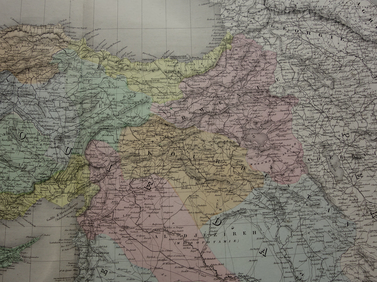 TURKIJE Grote oude landkaart uit 1880 van Asia Minor Turkse Rijk in Azië handgekleurde Franse antieke kaart