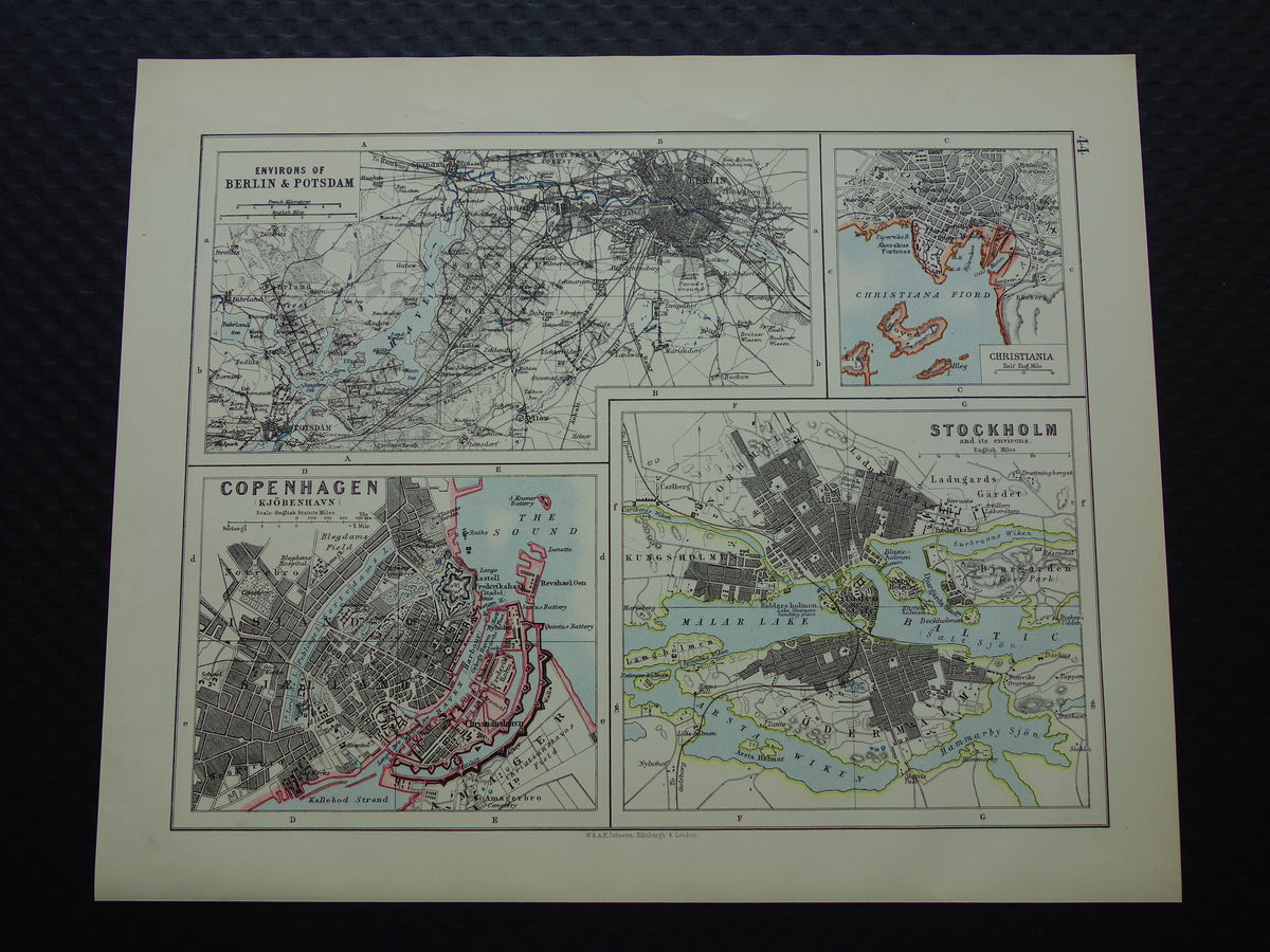 Oude kaart van Stockholm, Kopenhagen, Oslo en Berlijn uit 1901 originele antieke Engelse landkaart plattegrond