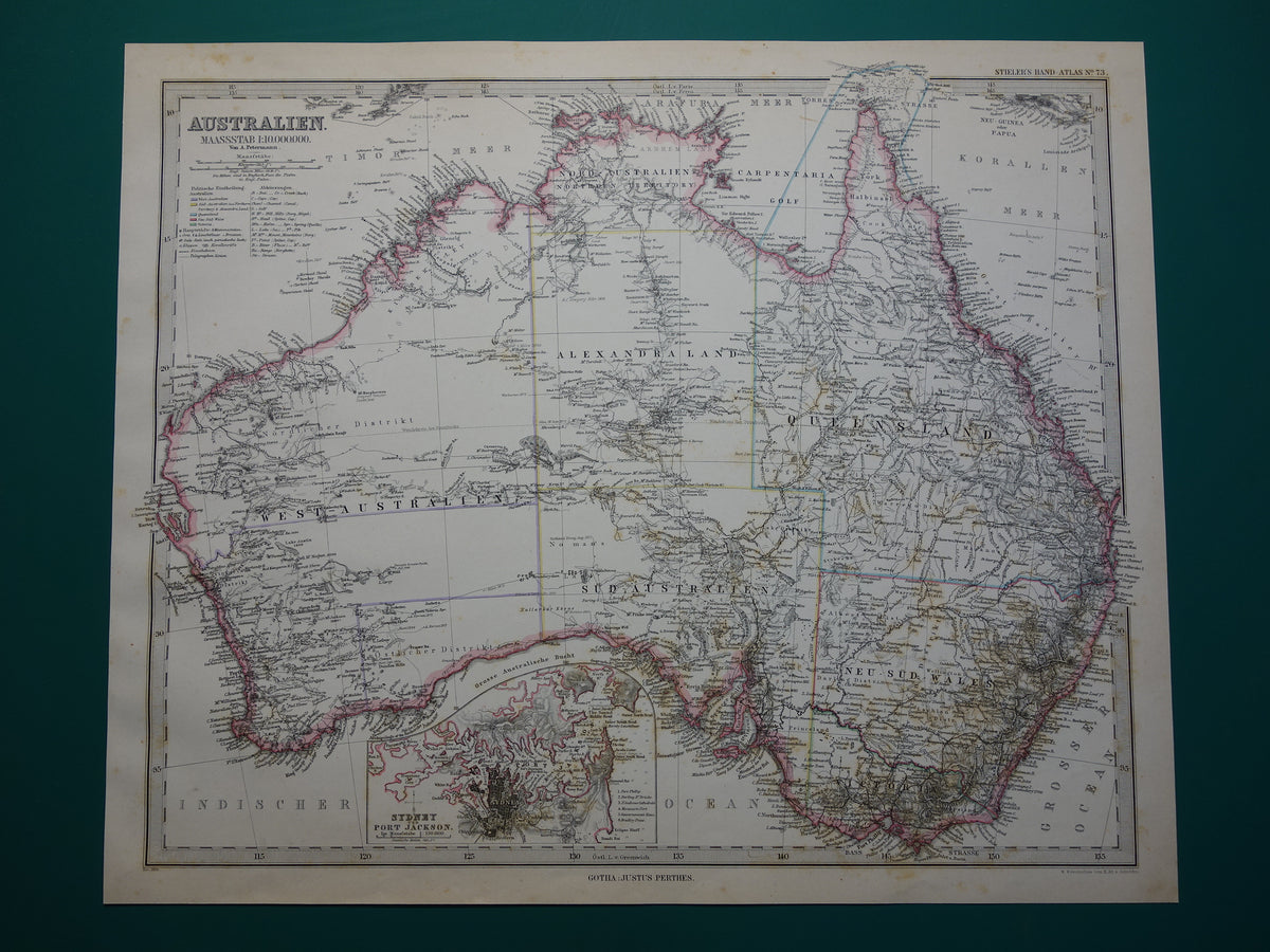 AUSTRALIA old map from 1884 original antique German map of Australia 37x44 cm