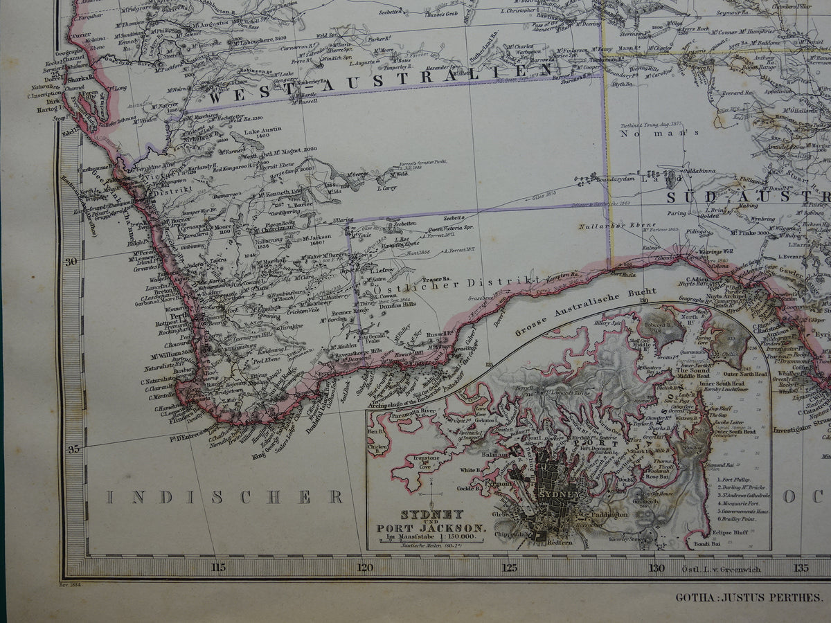 AUSTRALIA old map from 1884 original antique German map of Australia 37x44 cm