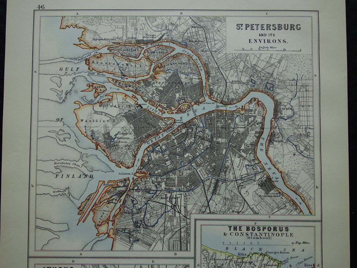 Sint-Petersburg Oude kaart van St Petersburg, Athene en Bosporus uit 1901 originele antieke Engelse landkaart plattegrond