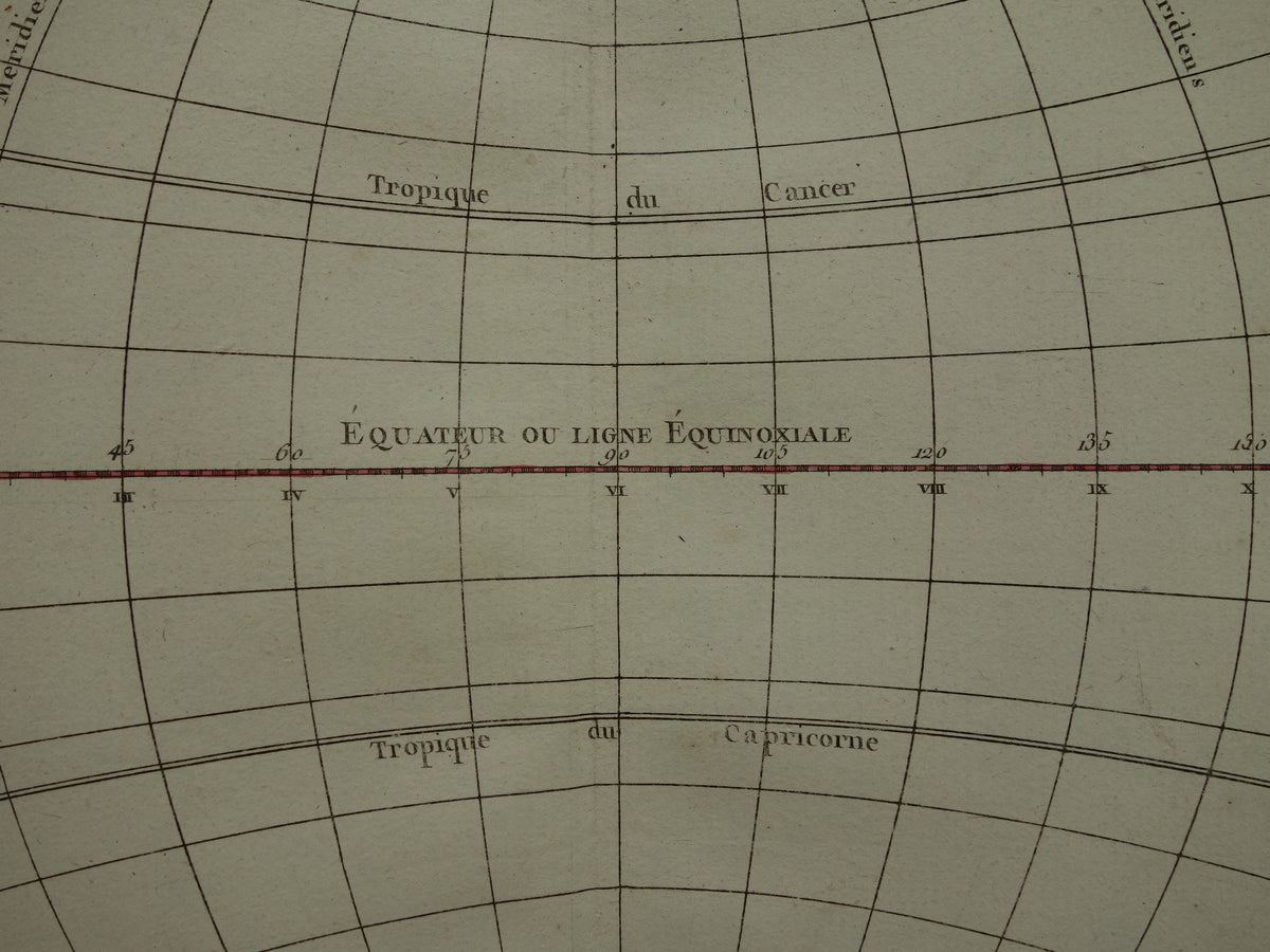 Antique print globe with equator and meridians 1761 Original Old Map geography earth polar circles tropics
