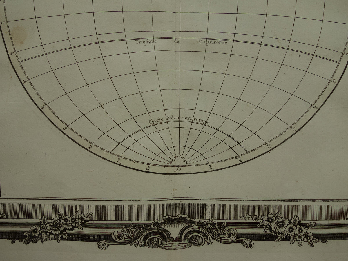 Antique print globe with equator and meridians 1761 Original Old Map geography earth polar circles tropics