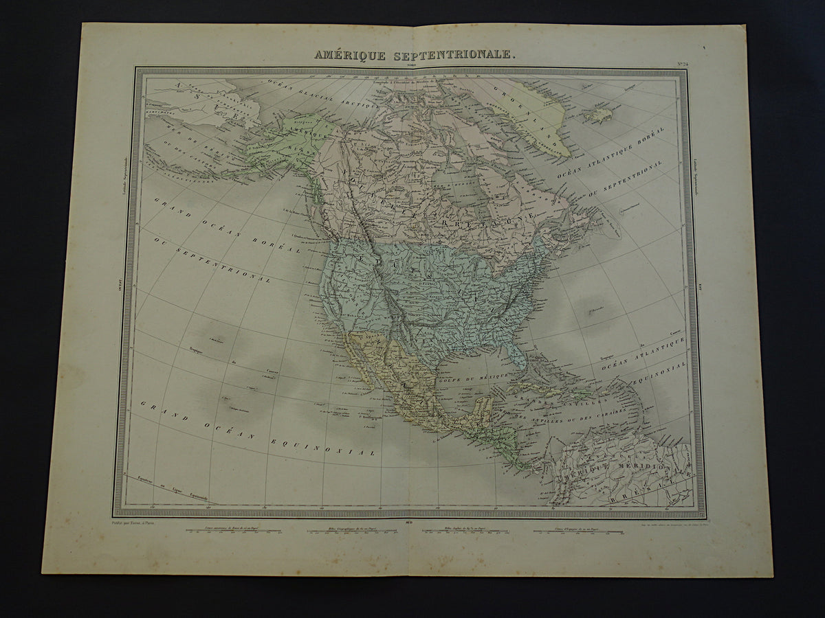 NOORD-AMERIKA Grote oude kaart continent VS Canada Mexico antieke kaart uit 1858 Vintage Franse landkaart
