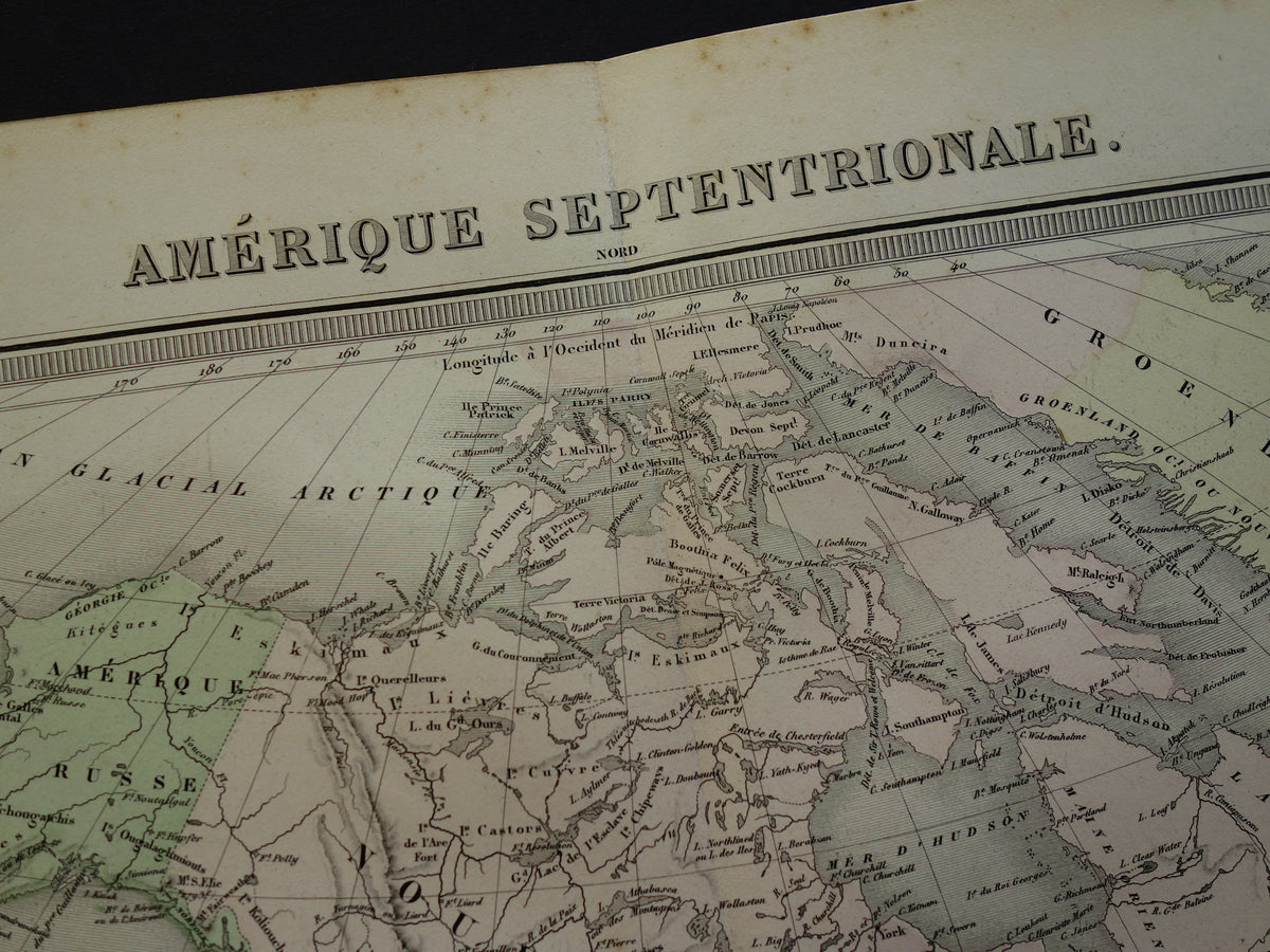 NOORD-AMERIKA Grote oude kaart continent VS Canada Mexico antieke kaart uit 1858 Vintage Franse landkaart
