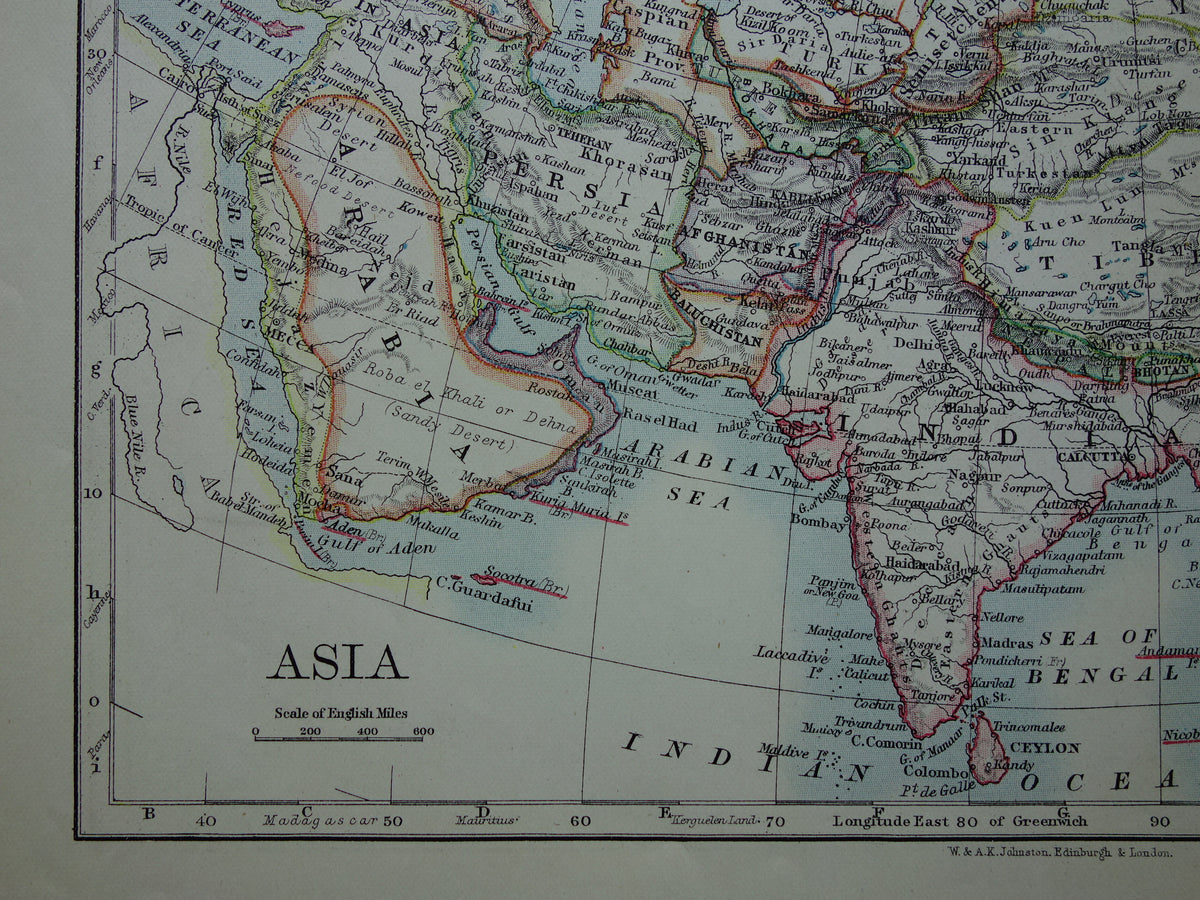 ASIA Old map of Asia from 1901 original antique English map continent Asia