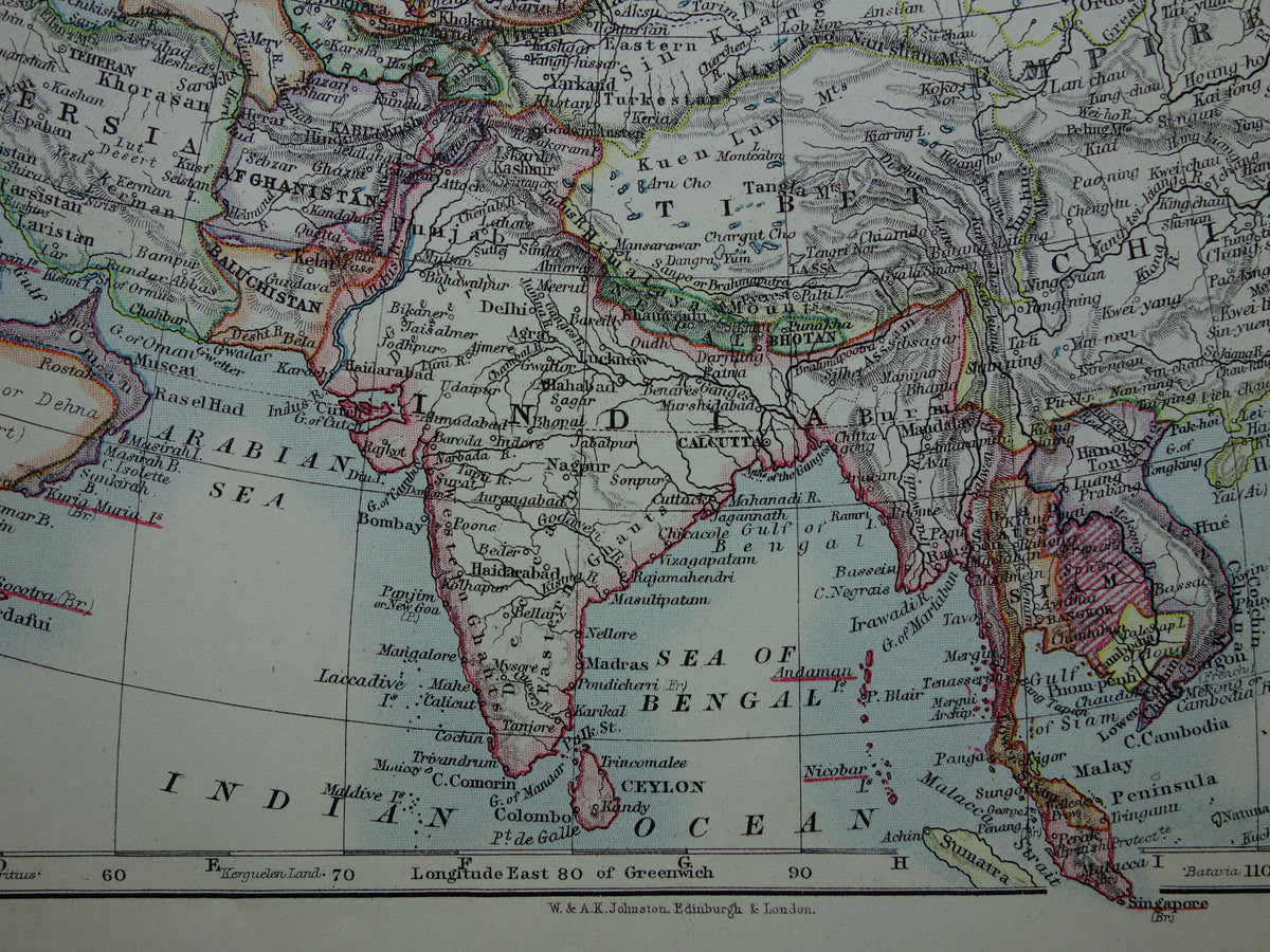 ASIA Old map of Asia from 1901 original antique English map continent Asia