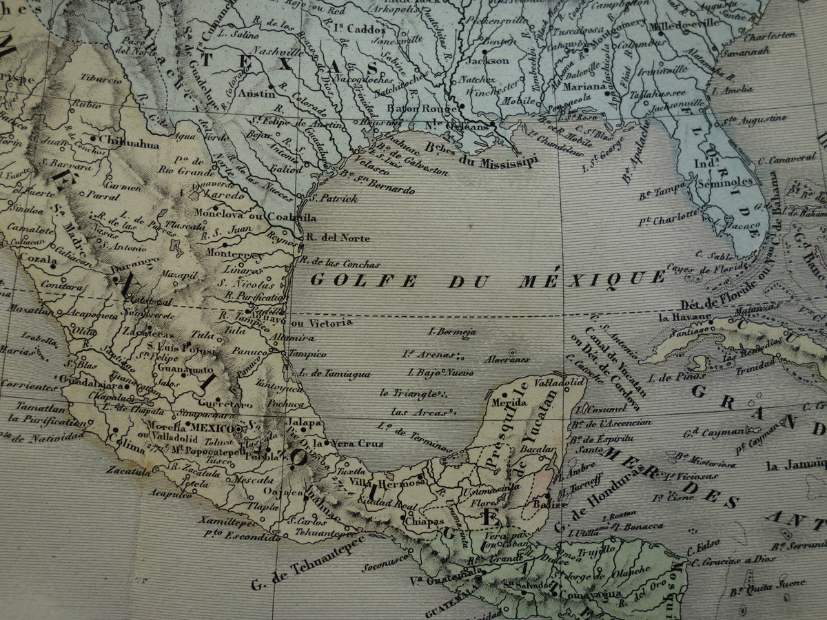 NOORD-AMERIKA Grote oude kaart continent VS Canada Mexico antieke kaart uit 1858 Vintage Franse landkaart