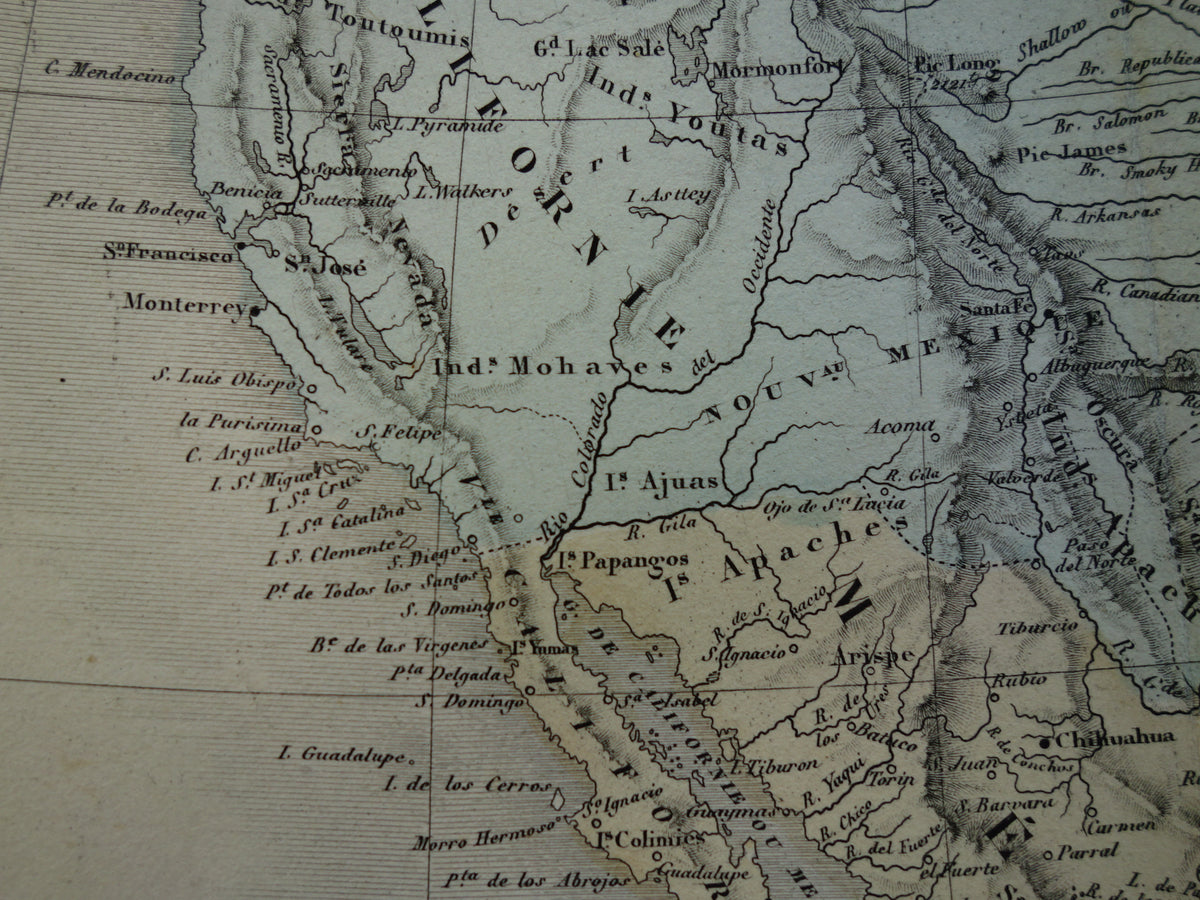 NOORD-AMERIKA Grote oude kaart continent VS Canada Mexico antieke kaart uit 1858 Vintage Franse landkaart