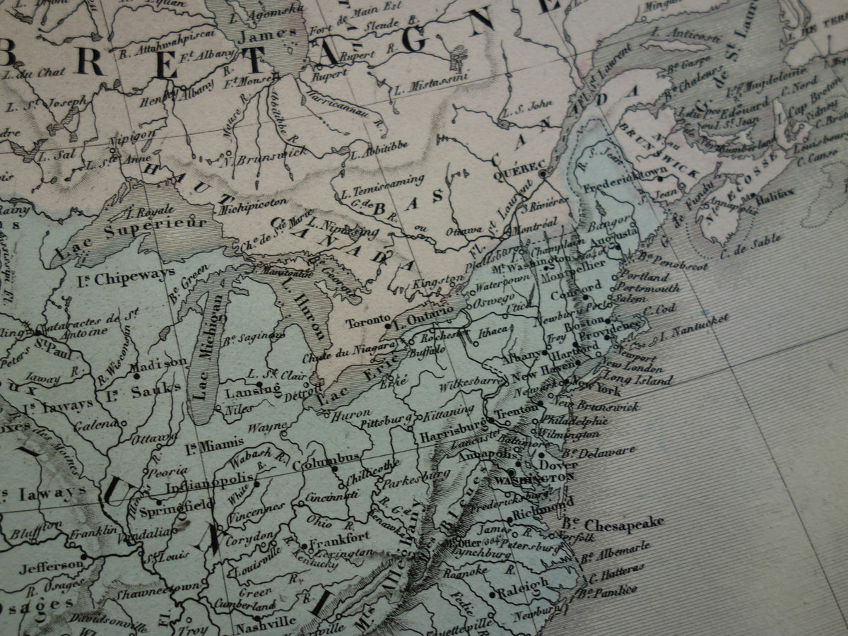 NOORD-AMERIKA Grote oude kaart continent VS Canada Mexico antieke kaart uit 1858 Vintage Franse landkaart