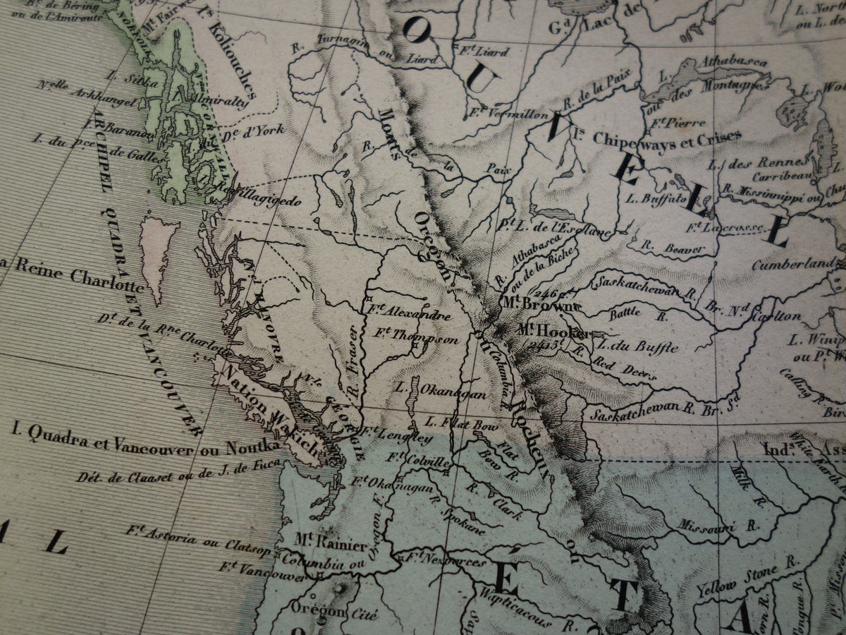 NOORD-AMERIKA Grote oude kaart continent VS Canada Mexico antieke kaart uit 1858 Vintage Franse landkaart