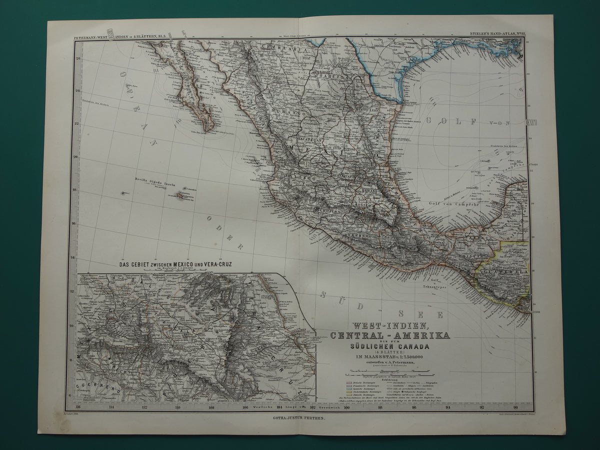 MEXICO old hand colored map of Mexico from 1886 original antique map with date