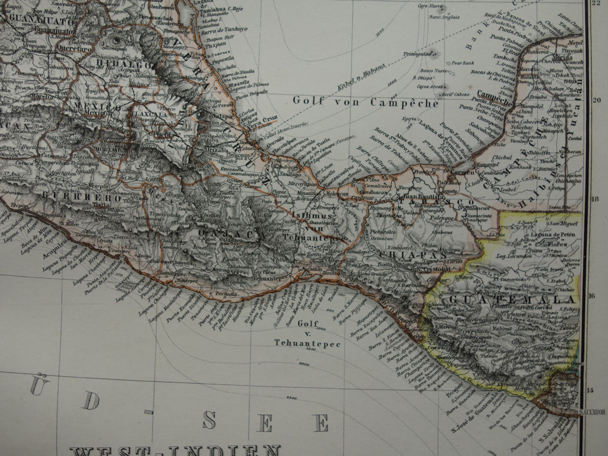 MEXICO old hand colored map of Mexico from 1886 original antique map with date