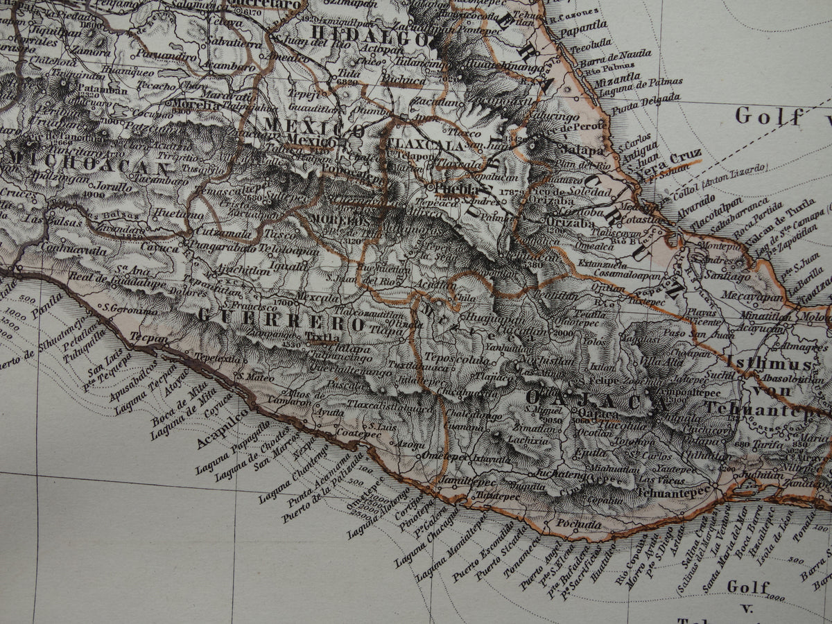 MEXICO old hand colored map of Mexico from 1886 original antique map with date