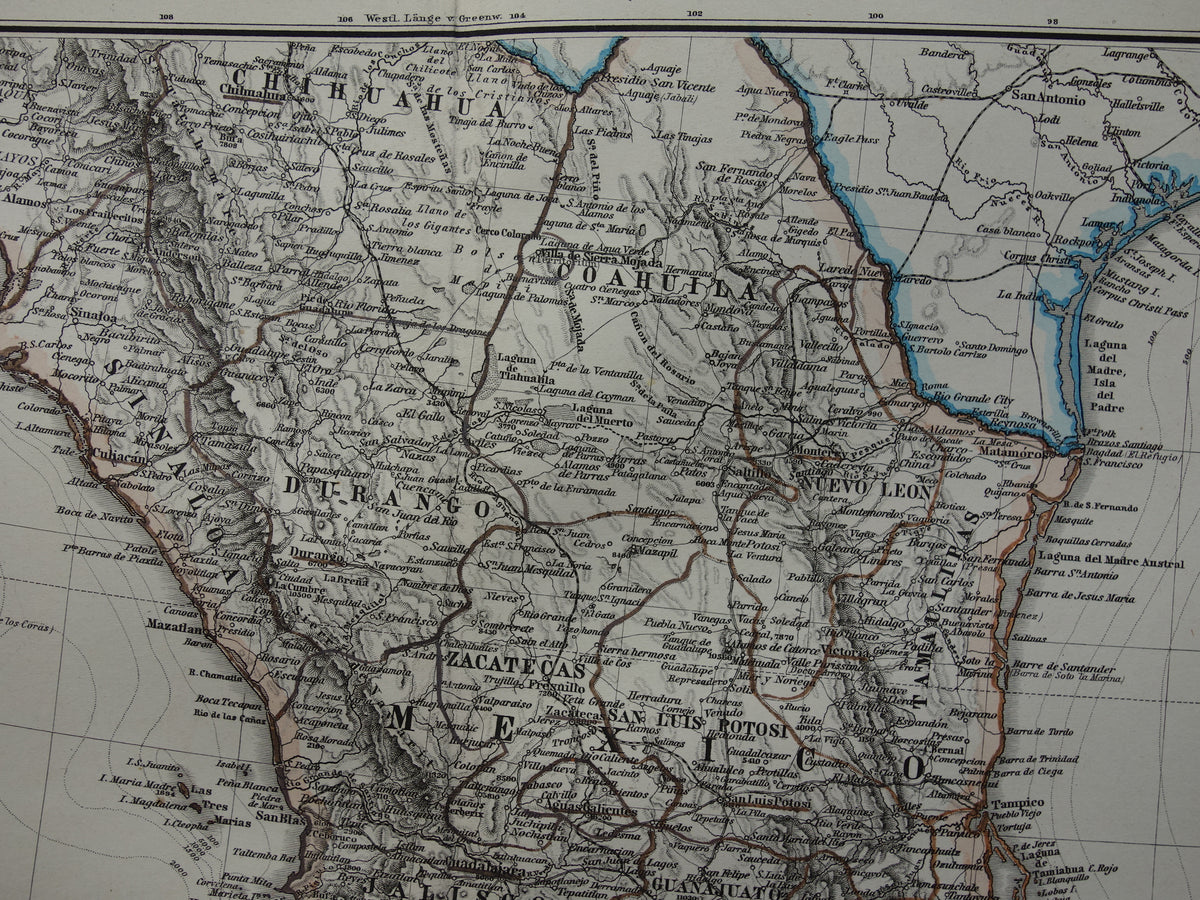 MEXICO old hand colored map of Mexico from 1886 original antique map with date