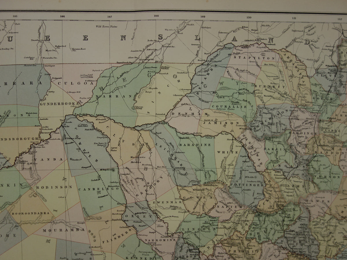 New South Wales Australië oude kaart 1890 originele antieke Engelse landkaart NSW Sydney poster