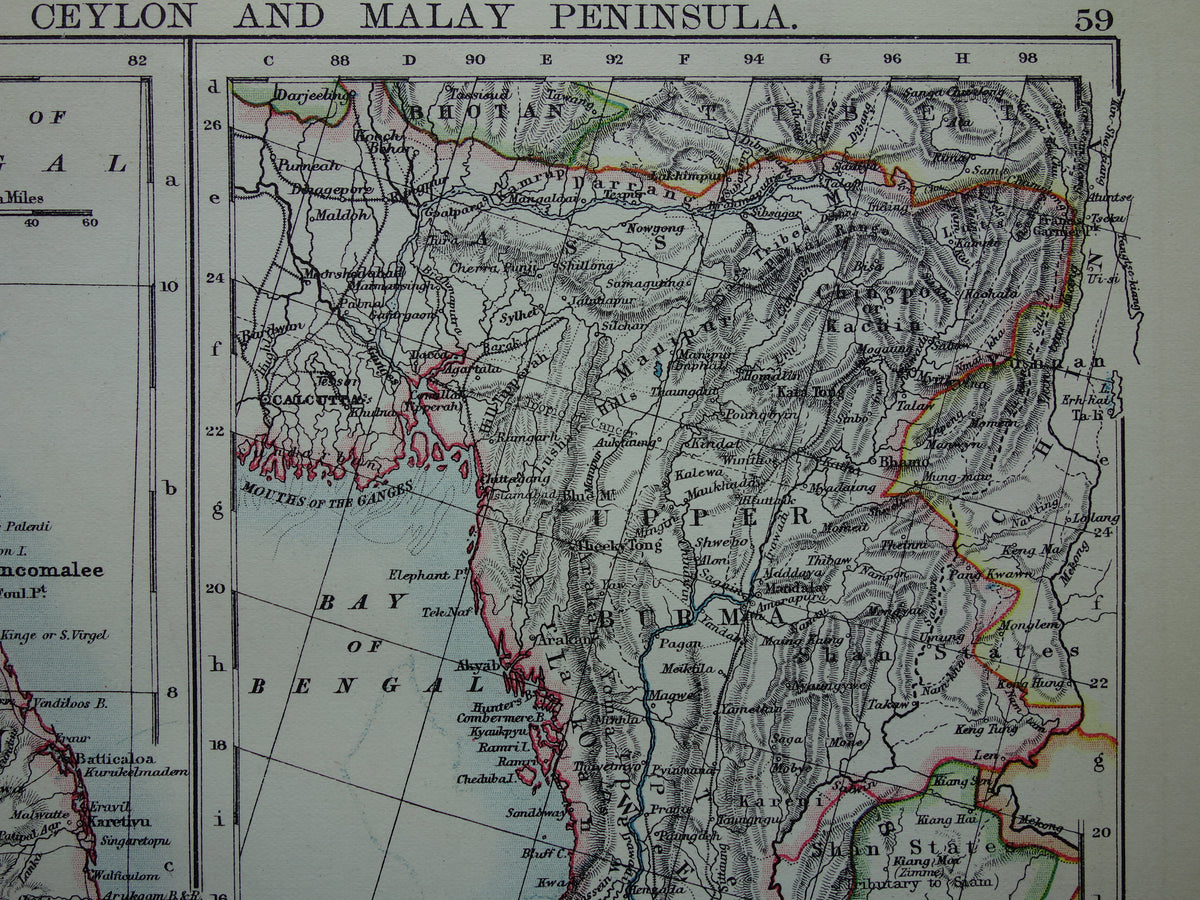 Oude kaart van Myanmar & Sri Lanka uit 1901 originele antieke Engelse landkaart Birma Ceylon Malakka
