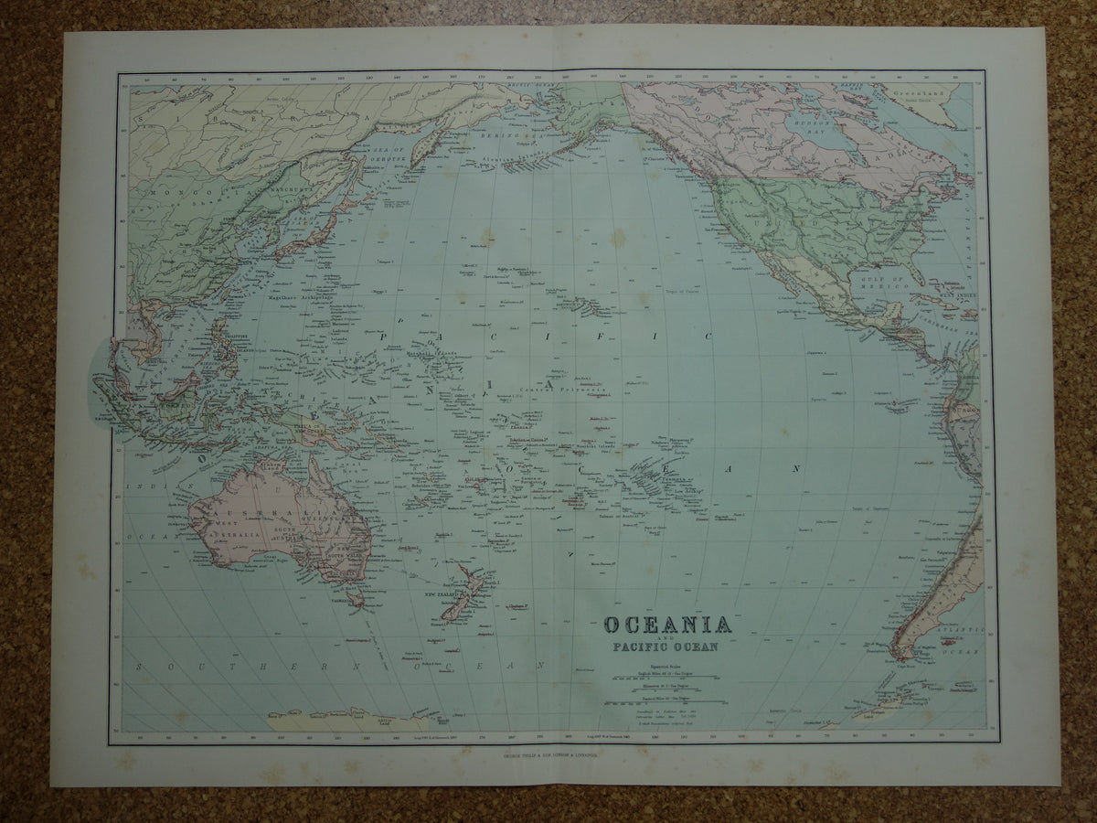 OCEANIA Large old map of Oceania Pacific Ocean original antique English map Indonesia Australia