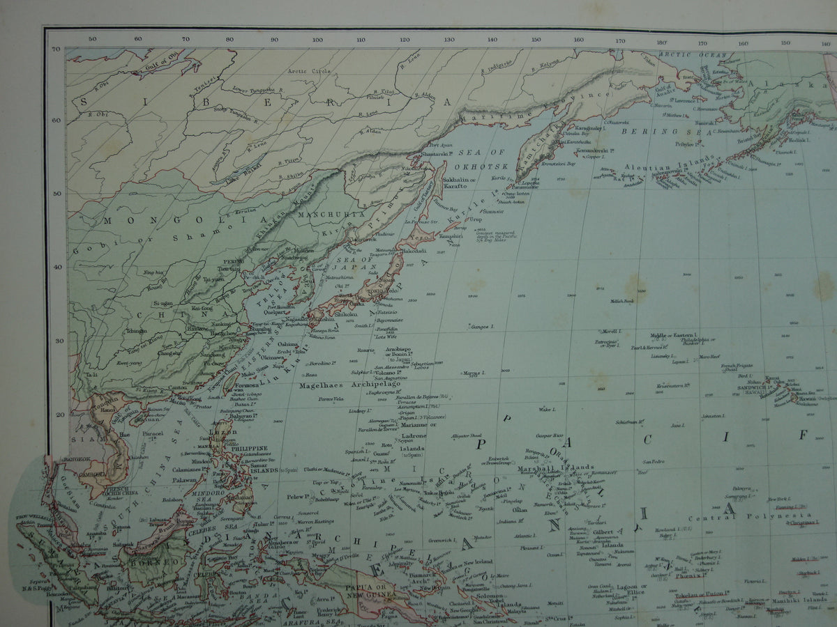 OCEANIA Large old map of Oceania Pacific Ocean original antique English map Indonesia Australia