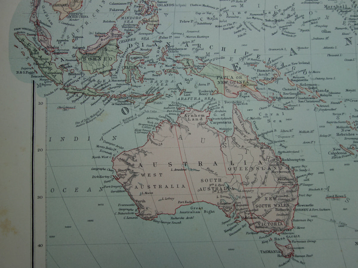 OCEANIA Large old map of Oceania Pacific Ocean original antique English map Indonesia Australia