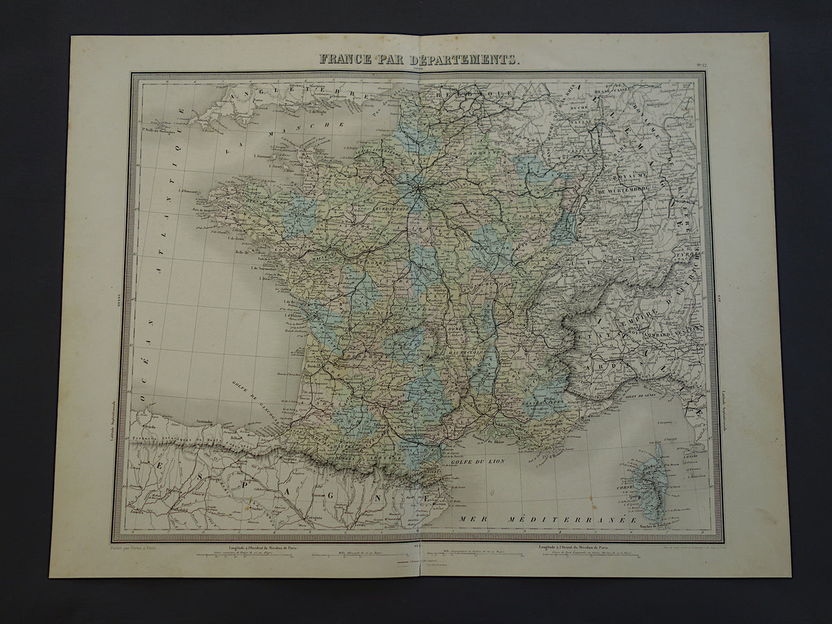 FRANKRIJK Grote antieke kaart departementen in Frankrijk 1858 originele oude landkaart