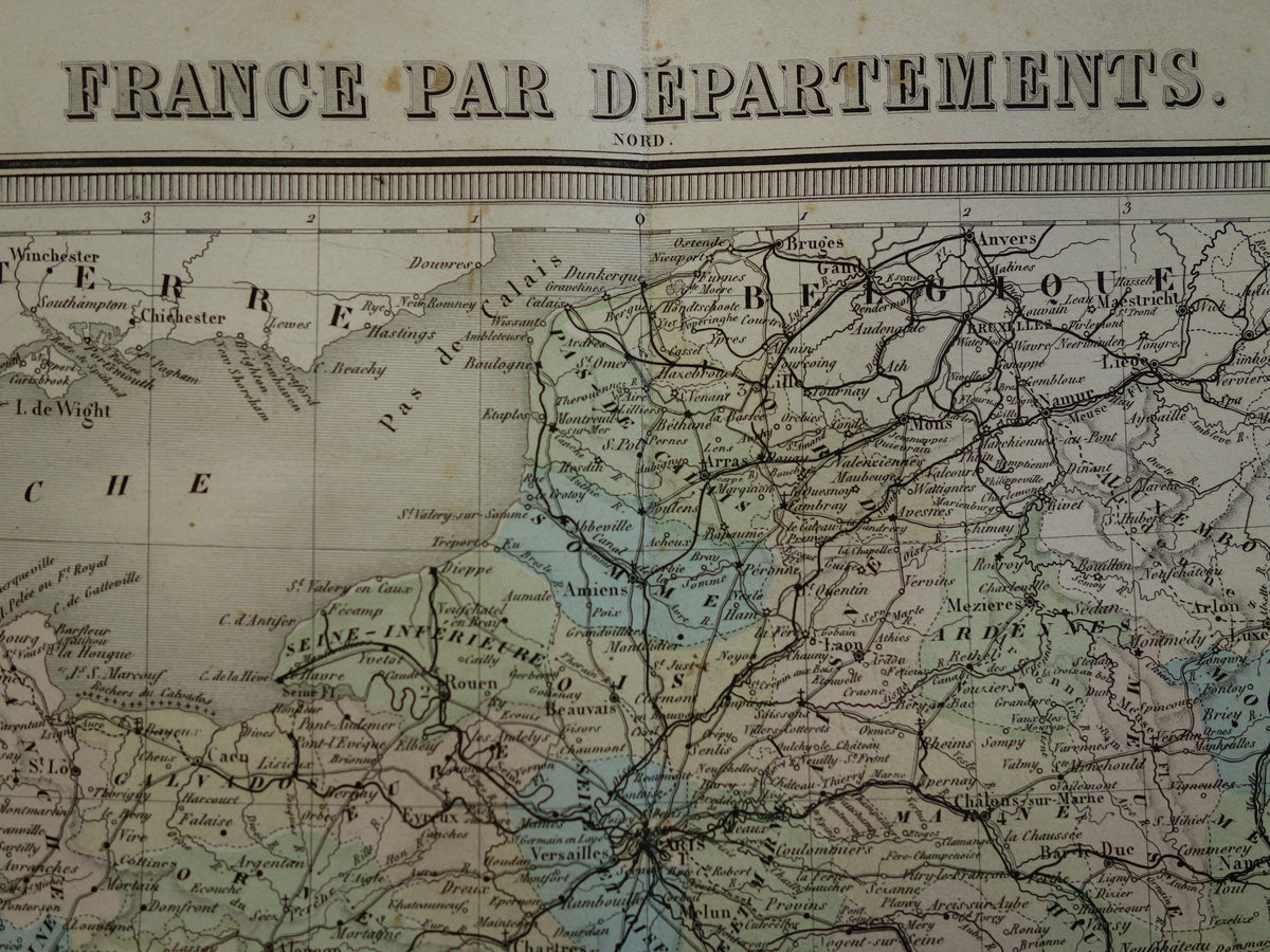 FRANKRIJK Grote antieke kaart departementen in Frankrijk 1858 originele oude landkaart