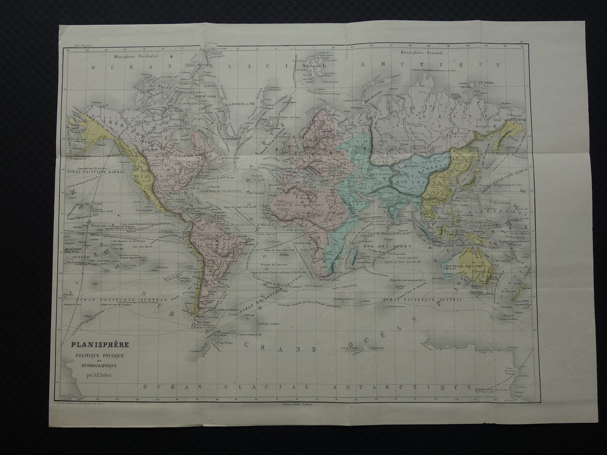 Old world map from 1858 original antique hand-colored French map