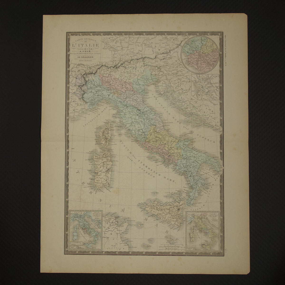 ITALIE grote oude Franse kaart van Italië in de klassieke oudheid uit 1875 originele antieke handgekleurde landkaart