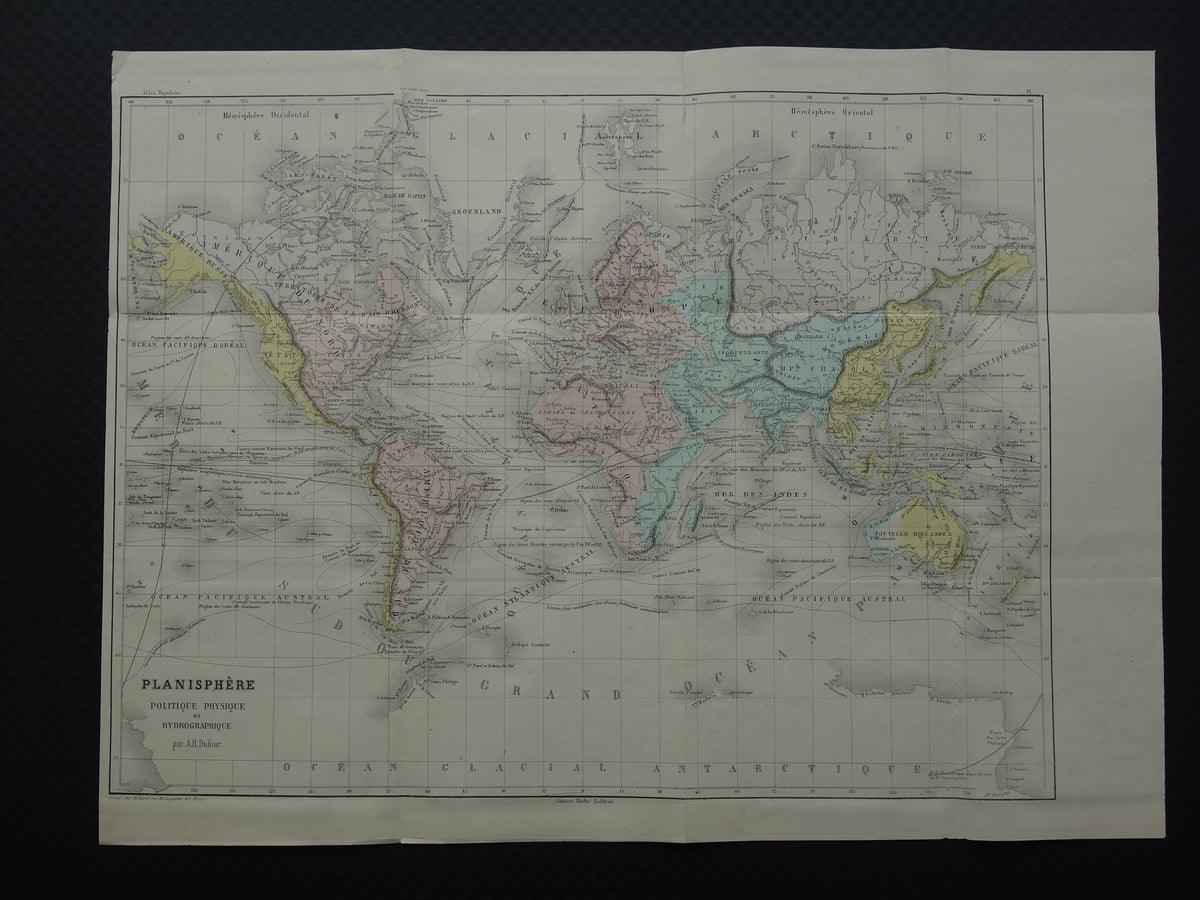 Old world map from 1858 original antique hand-colored French map