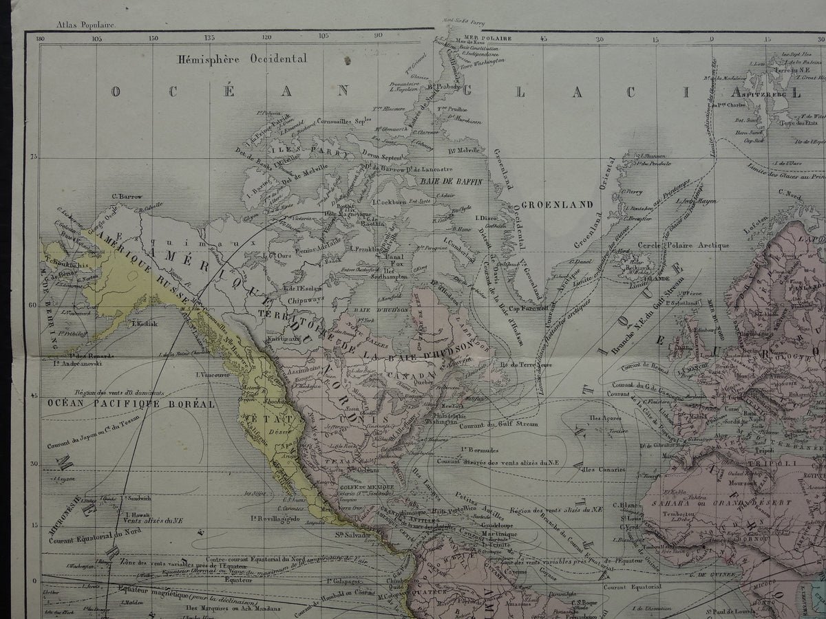 Old world map from 1858 original antique hand-colored French map