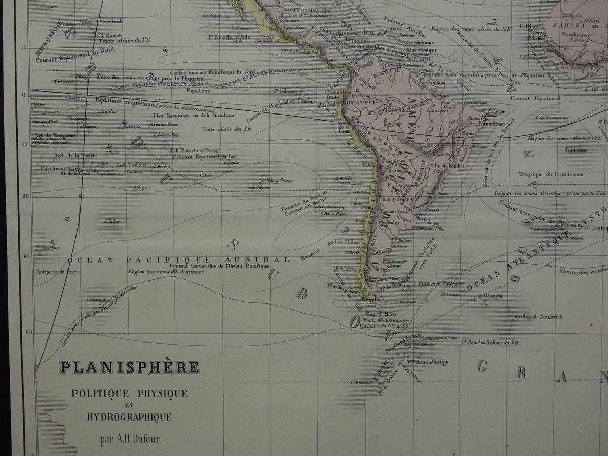 Old world map from 1858 original antique hand-colored French map