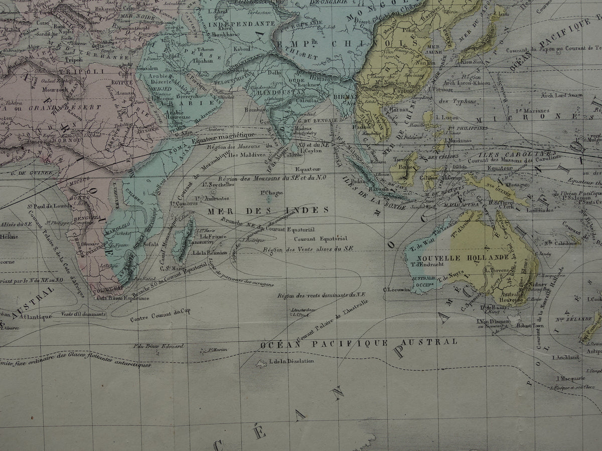 Old world map from 1858 original antique hand-colored French map