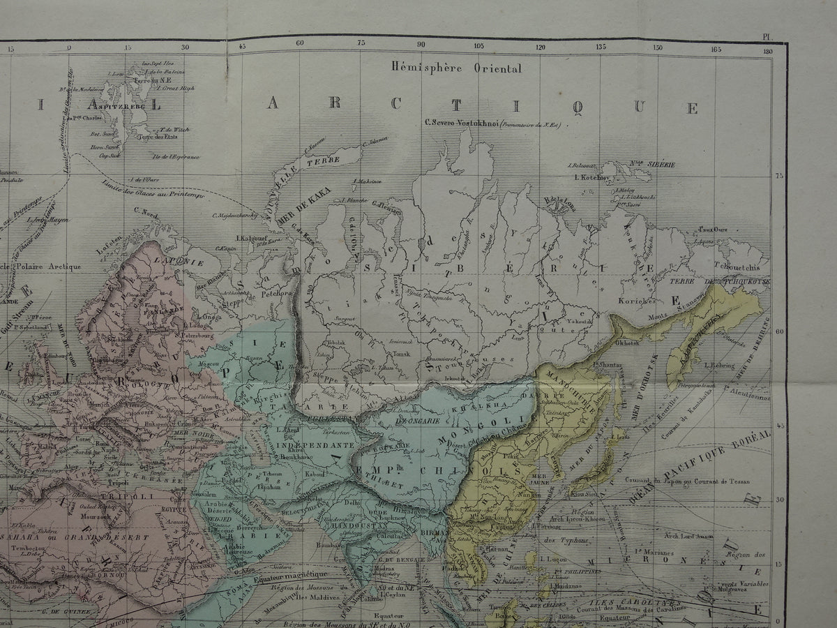 Old world map from 1858 original antique hand-colored French map