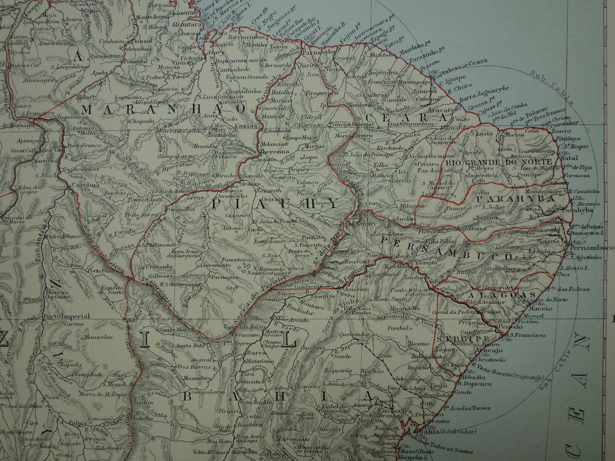 Grote oude kaart van noordelijk Zuid-Amerika 1890 originele antieke landkaart Brazilië Suriname Amazone rivier Peru