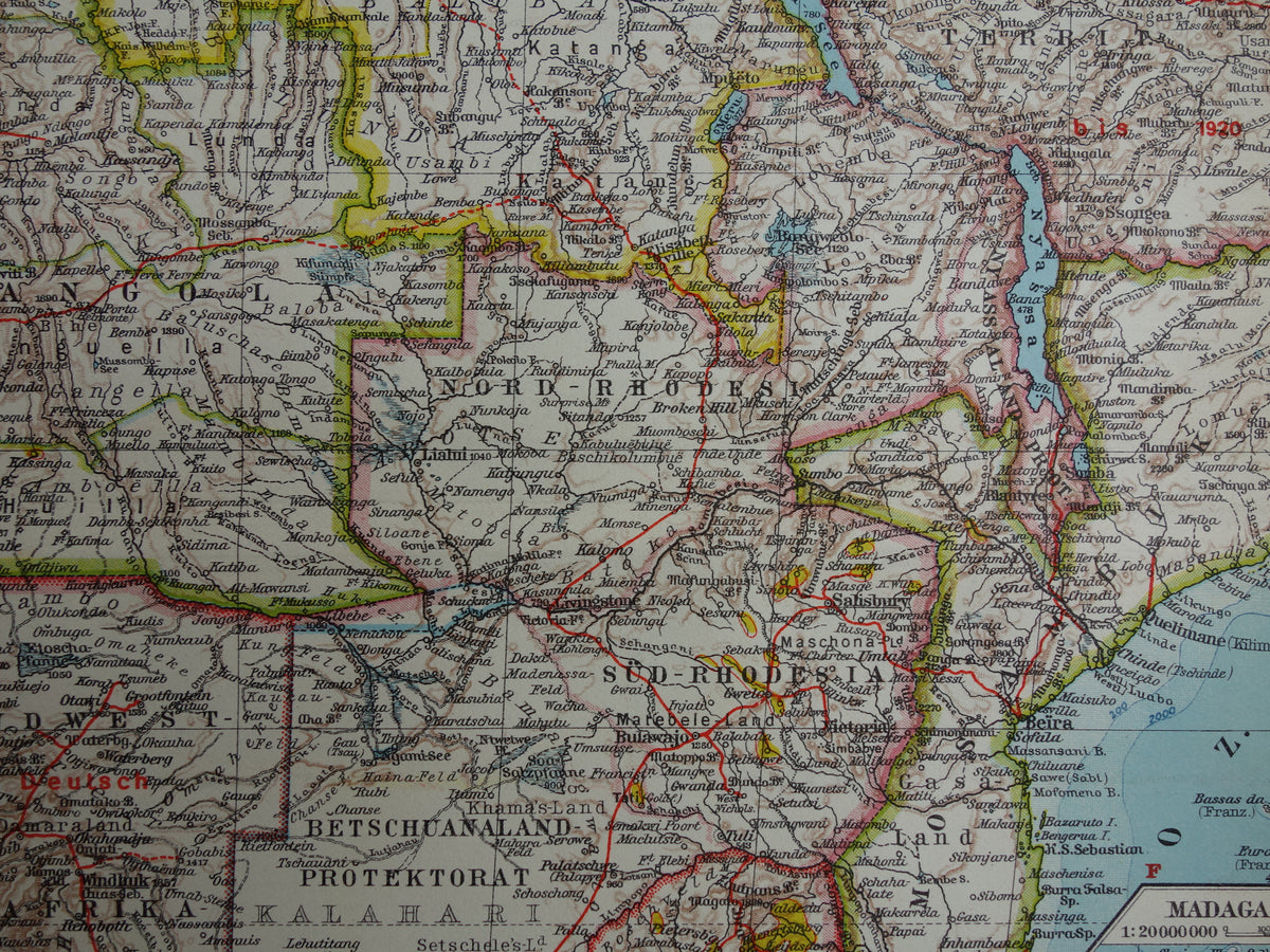 Oude kaart van Zuidelijk Afrika in 1928 originele historische landkaart van Zuid-Afrika Madagaskar Angola Namibië Botswana Tanzania Congo Mozambique Zambia