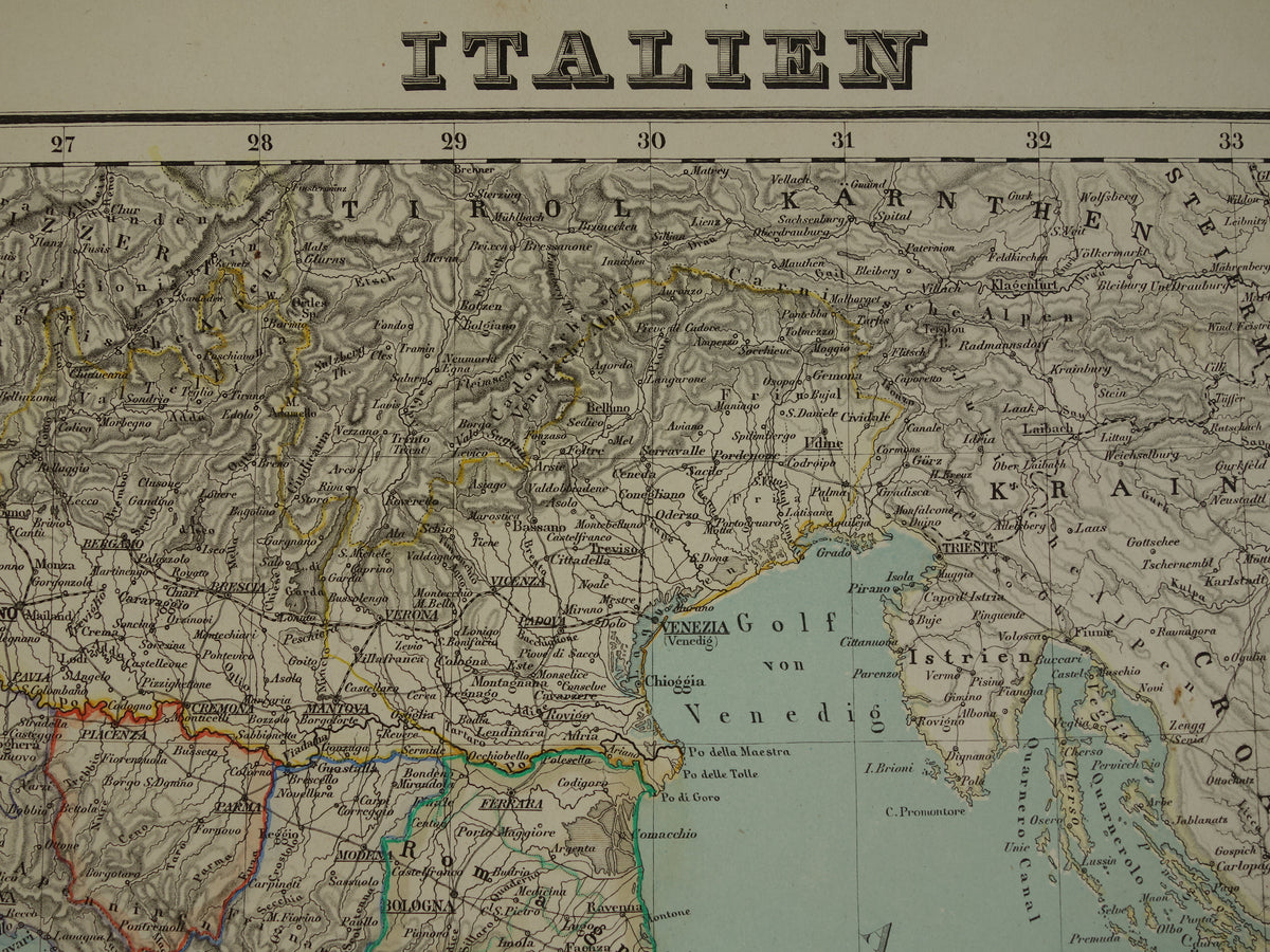 Antieke kaart van Italië in het jaar 1855 Originele grote oude Duitse landkaart