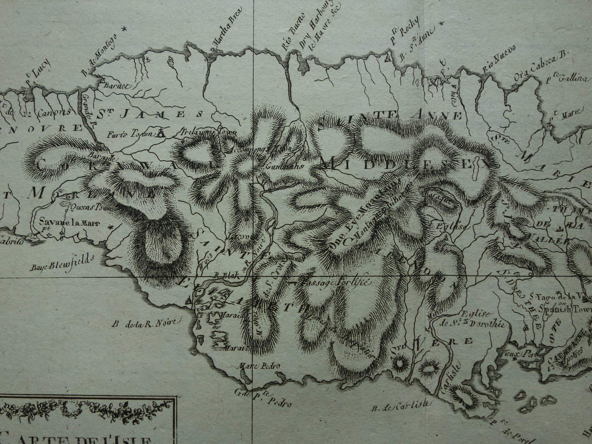 JAMAICA Oude landkaart van Jamaica Originele vintage Franse Bonne kaart uit 1784