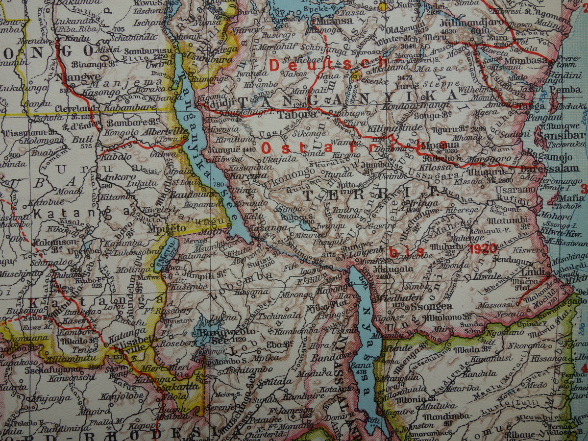 Oude kaart van Zuidelijk Afrika in 1928 originele historische landkaart van Zuid-Afrika Madagaskar Angola Namibië Botswana Tanzania Congo Mozambique Zambia