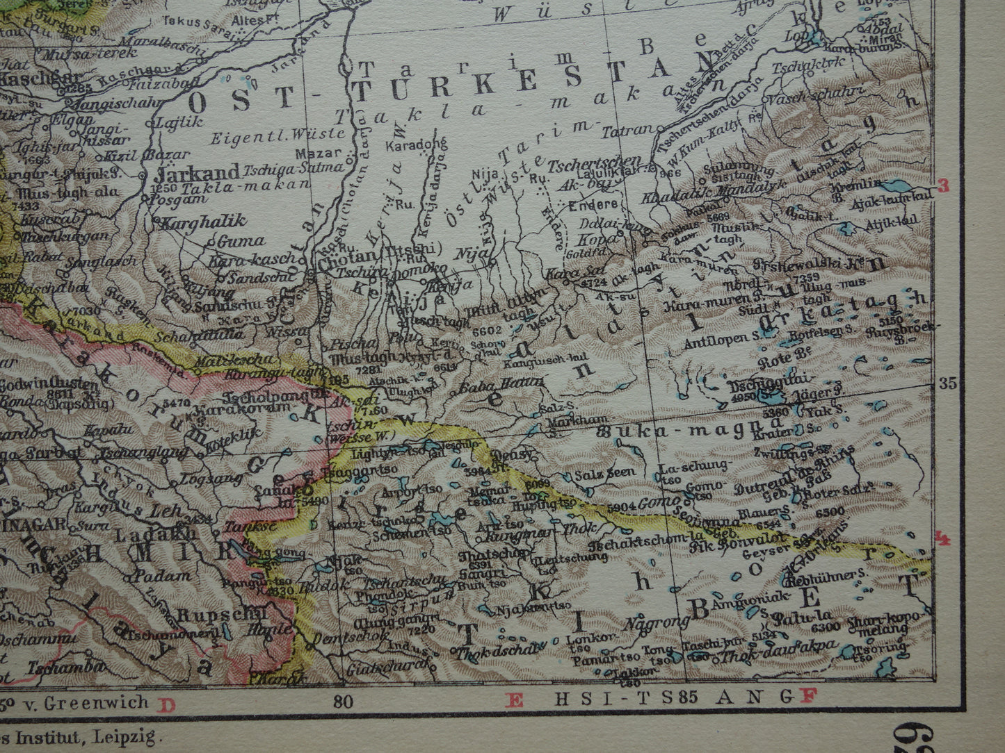CENTRAAL-AZIË oude landkaart van Tibet Turkestan Himalaya kleine antieke Duitse kaart Oezbekistan Kirgizië Tadzjikistan
