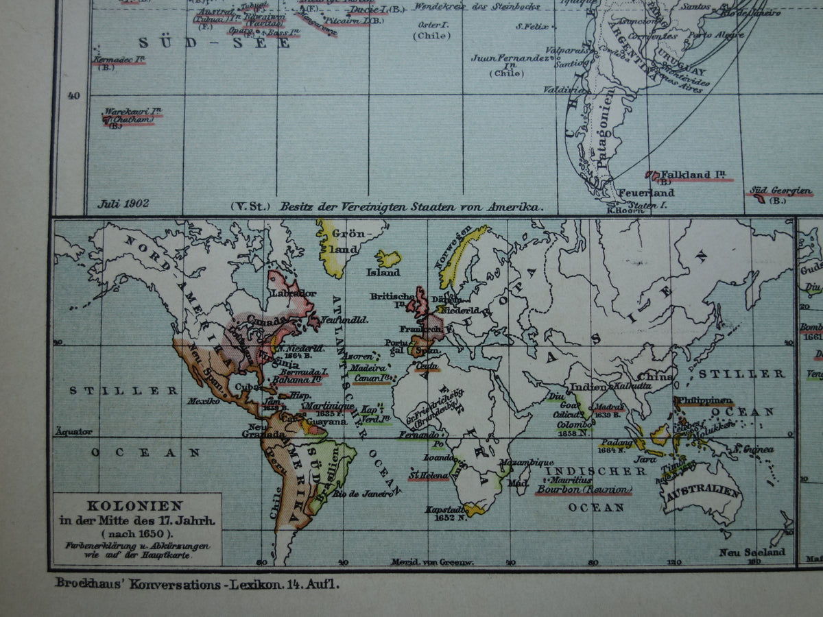 Old world map of Colonies Colonies 1902 original antique German map colonial possessions with date