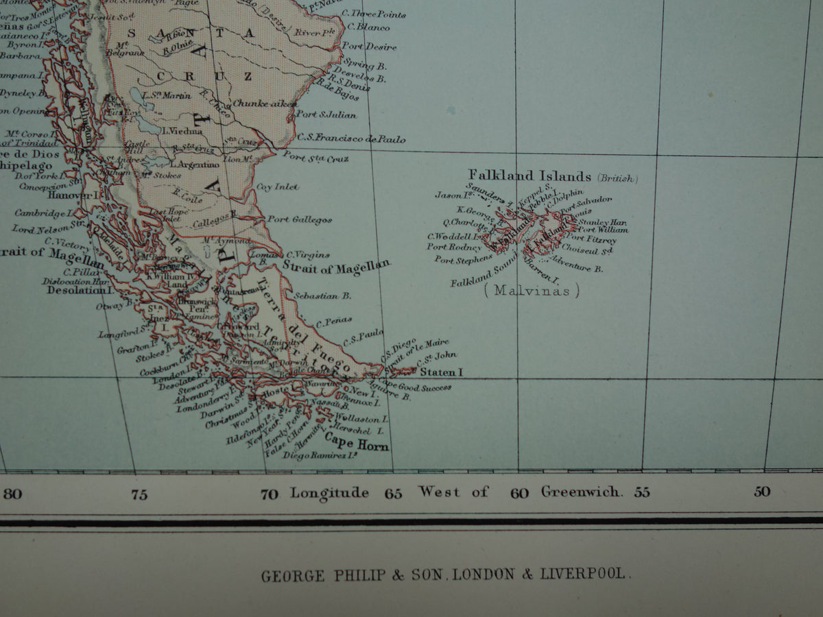 Grote oude kaart van Zuid-Amerika 1890 originele antieke landkaart van continent