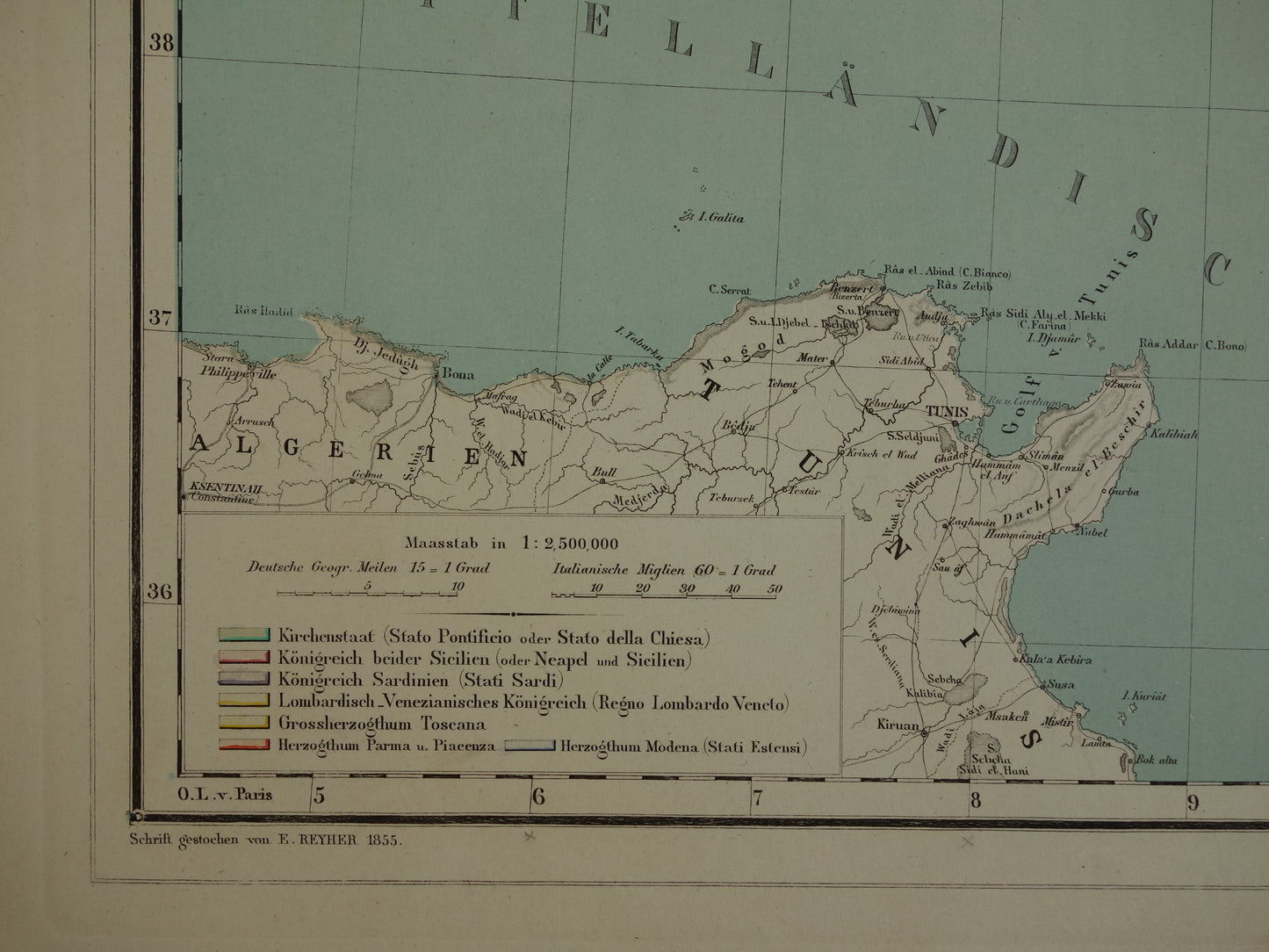 Antique map of Italy in the year 1855 Original large old German map