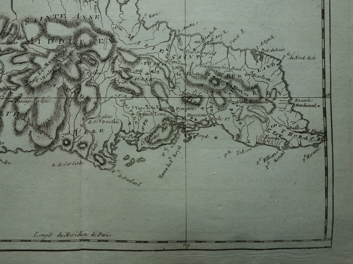 JAMAICA Oude landkaart van Jamaica Originele vintage Franse Bonne kaart uit 1784