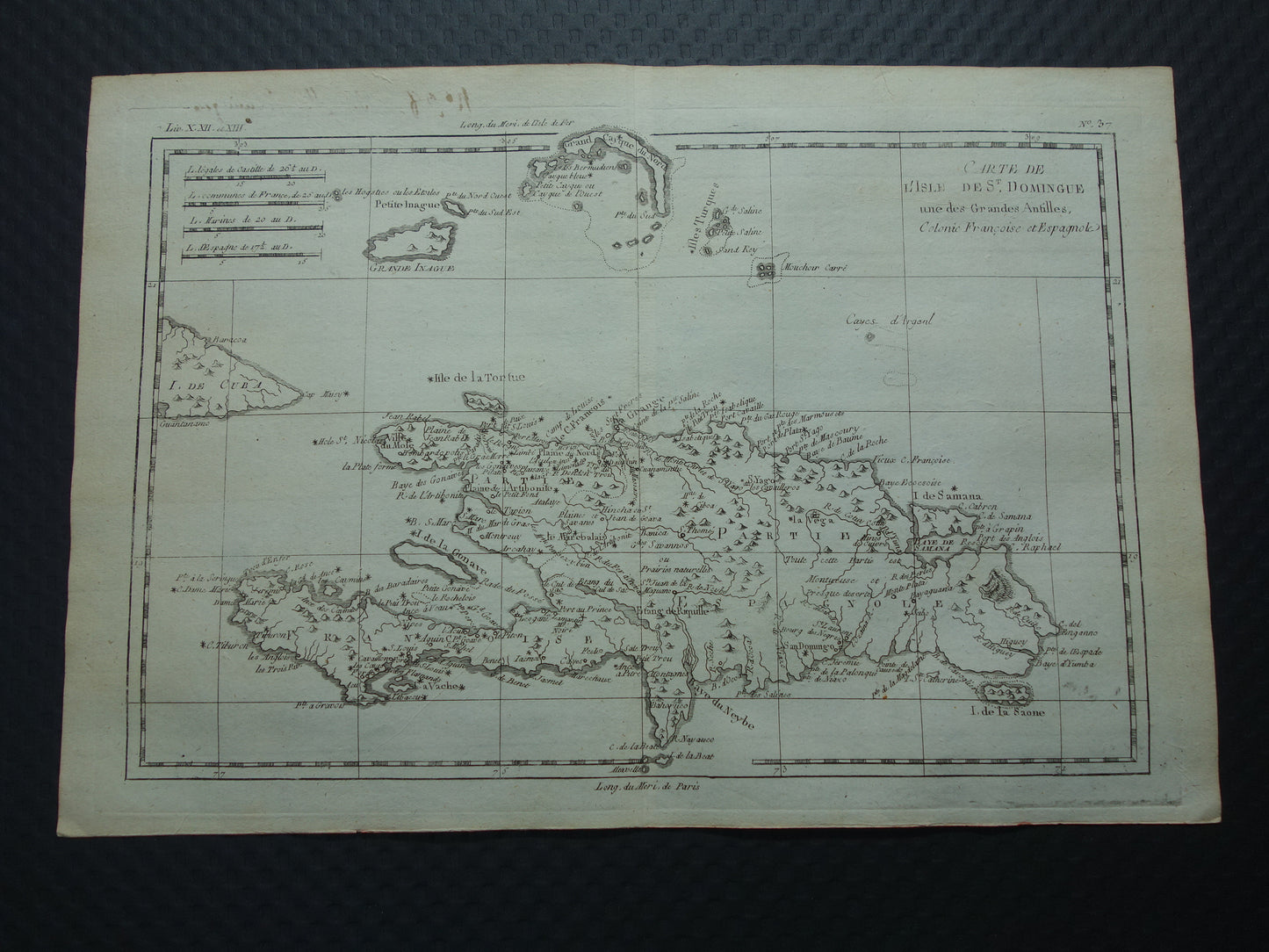 HISPANIOLA Oude landkaart van Dominicaanse Republiek en Haïti Originele vintage Franse Bonne kaart uit 1784