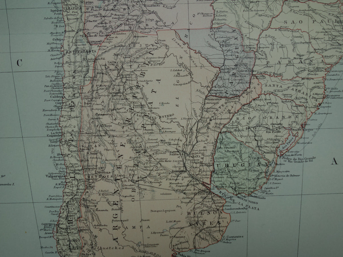 Grote oude kaart van Zuid-Amerika 1890 originele antieke landkaart van continent
