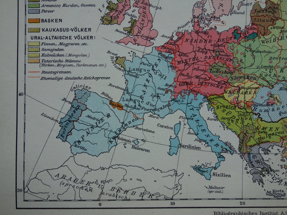 Oude kaart van Europa - kleine etnologische en linguïstische landkaart Europa - vintage kaarten