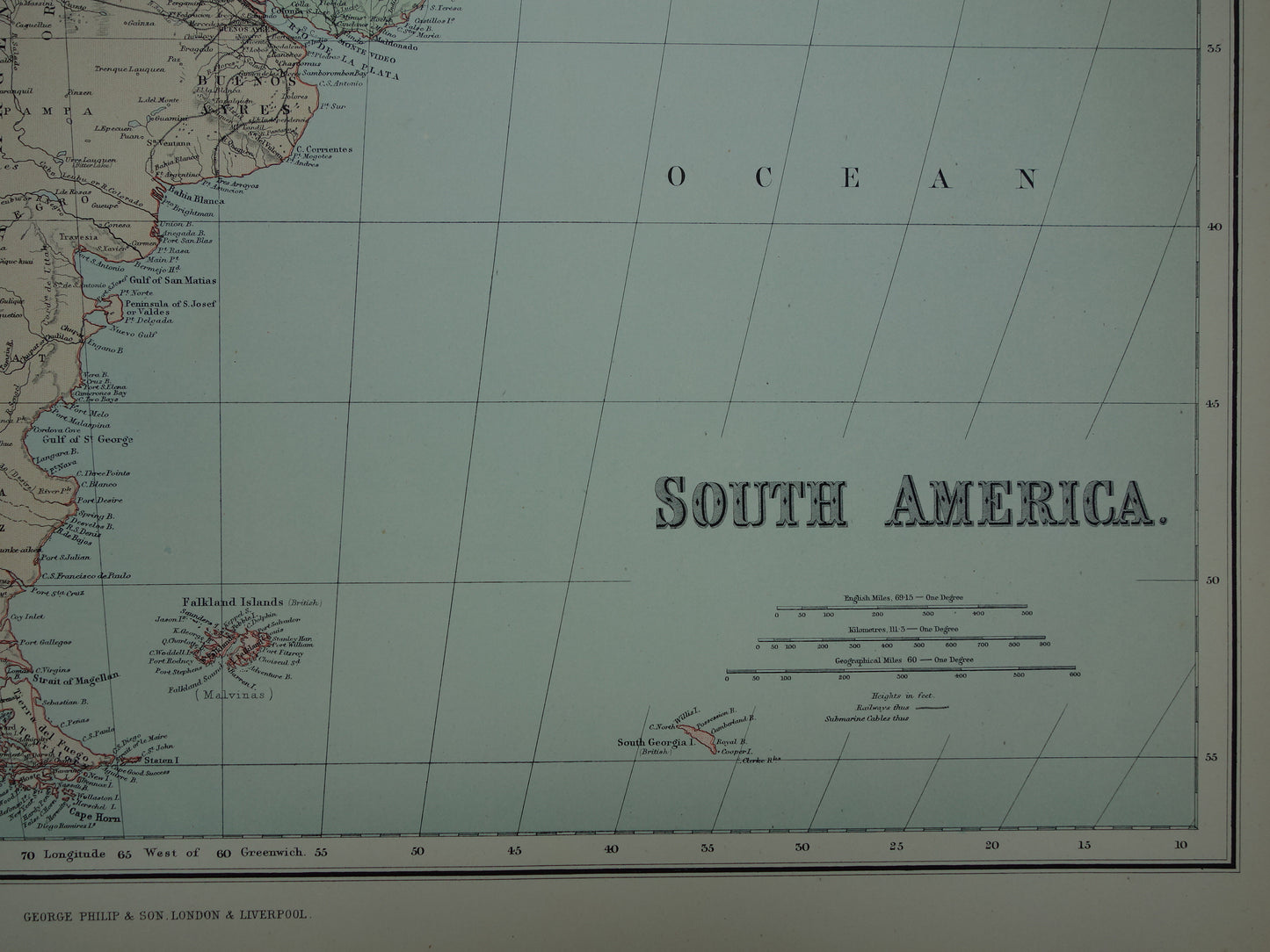 Large old map of South America 1890 original antique map of continent